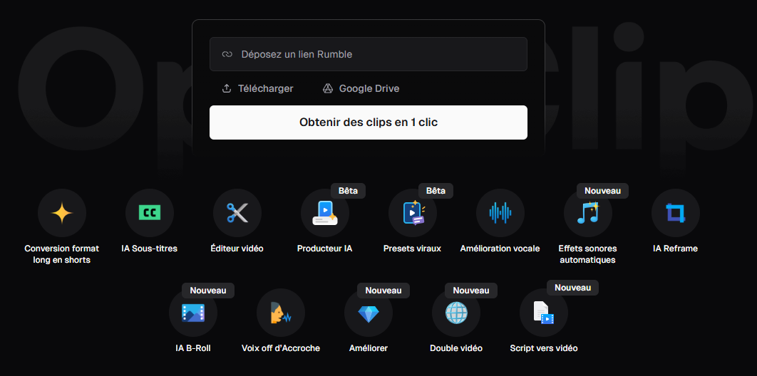 Catalogue des outils affichés sur l'accueil d'OpusClip