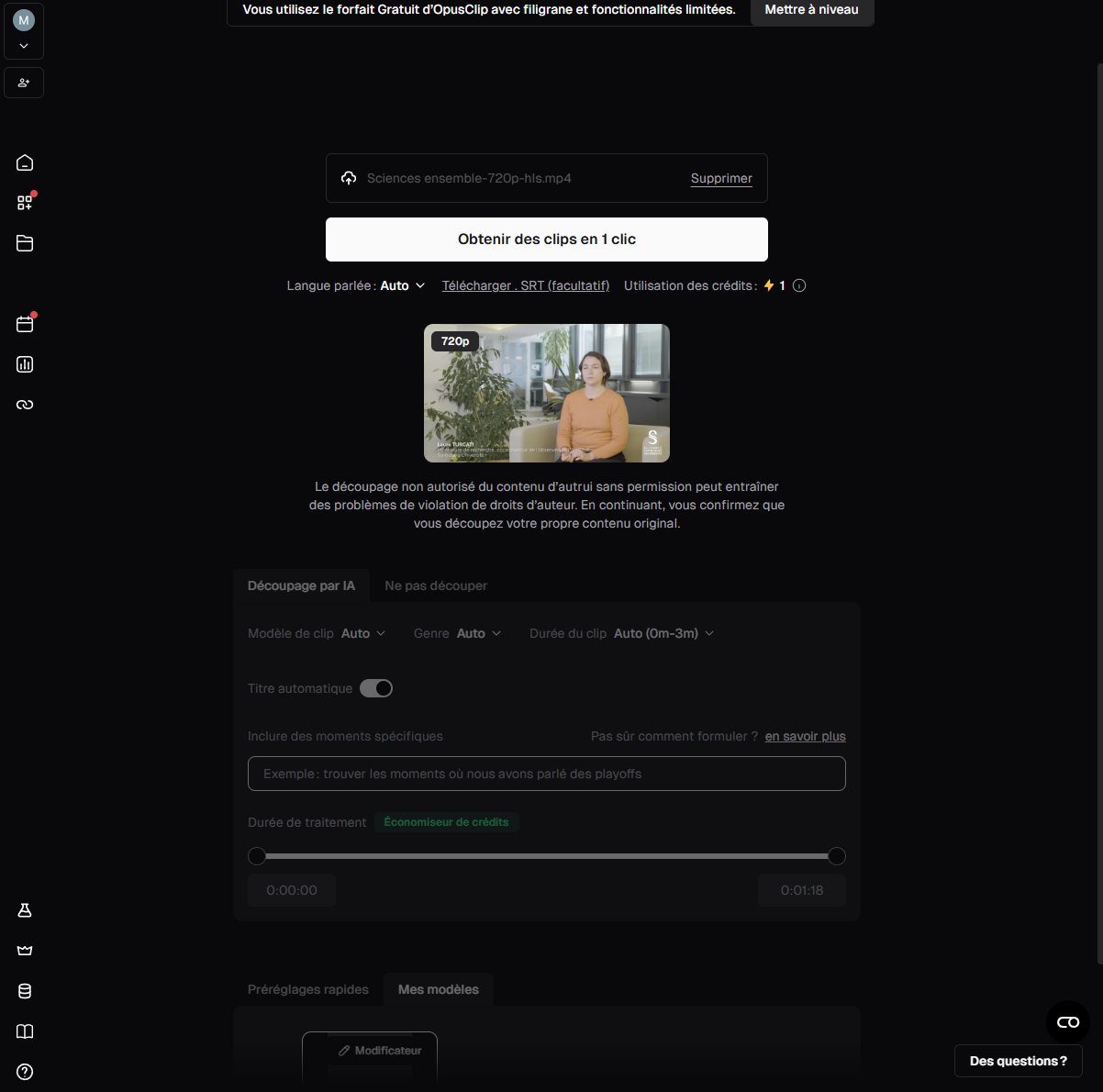 Écran d'import d'OpusClip avec le bandeau du forfait gratuit et les réglages de découpage