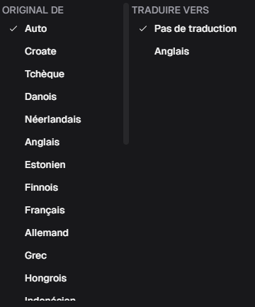 Menu de langue d'OpusClip : langue d'origine et option de traduction