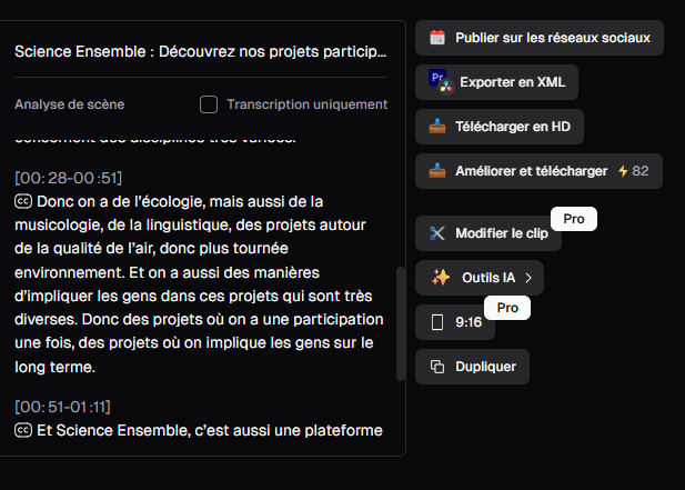 Transcription horodatée d'OpusClip et colonne des actions avec les mentions Pro et les crédits