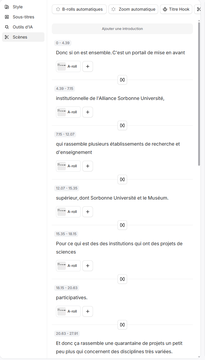 Vue Scènes de Submagic, découpage horodaté avec emplacements A-roll