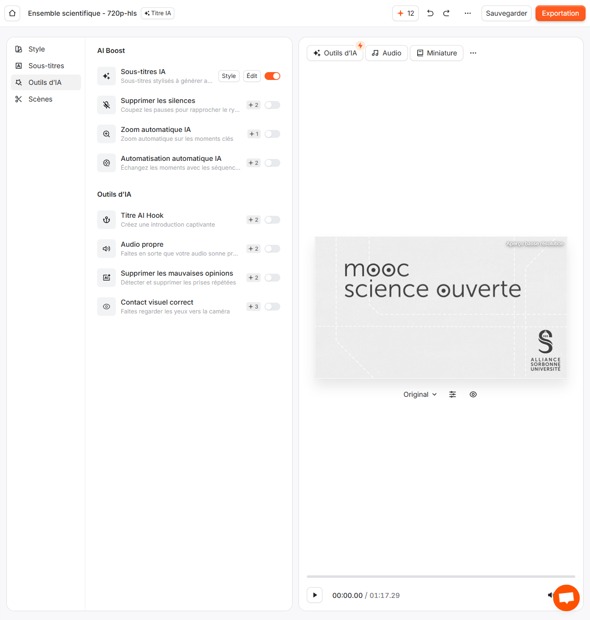 Vue complète de l'éditeur Submagic avec le solde de crédits et les outils d'IA