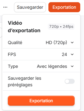 Menu des paramètres d'export Submagic : qualité 720p, 24 images par seconde