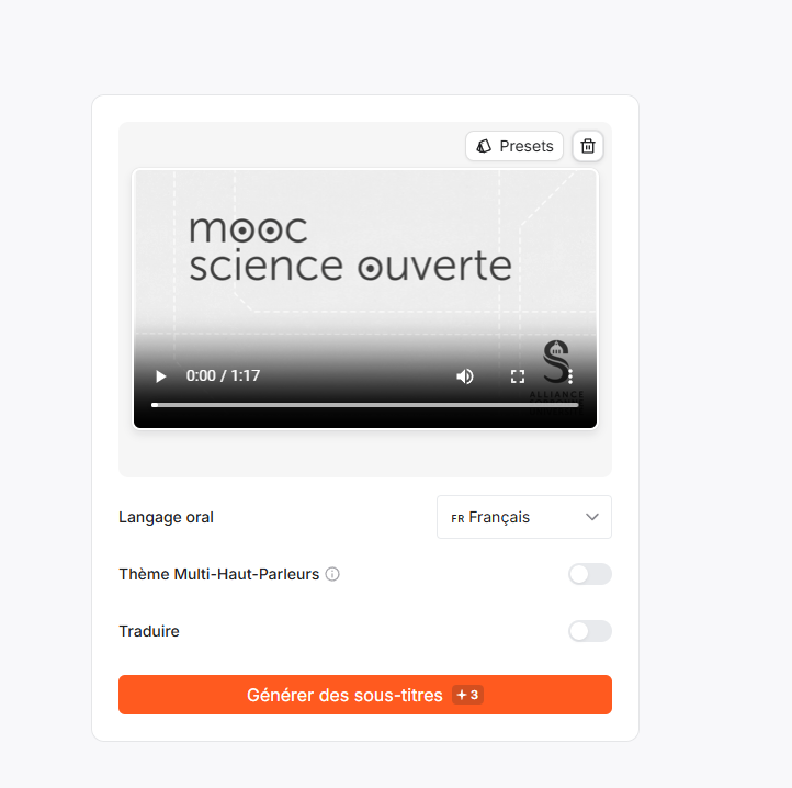 Écran Submagic avant génération : langue française, options de traduction, coût en crédits