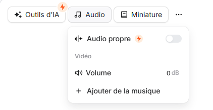 Menu Audio de Submagic : audio propre, volume, ajouter de la musique
