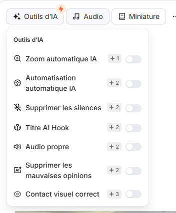Menu compact des outils d'IA Submagic avec le coût en crédits de chaque option