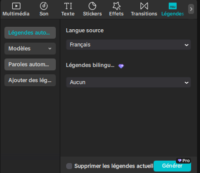 Menu Légendes automatiques de CapCut avec le français en langue source