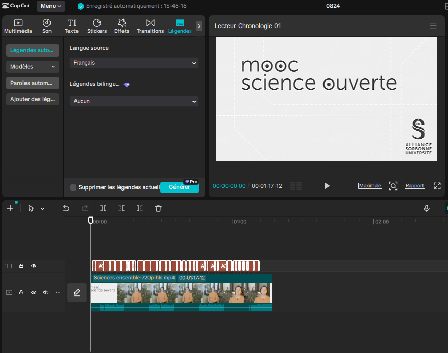 Timeline CapCut avec la piste de sous-titres générée au-dessus de la vidéo