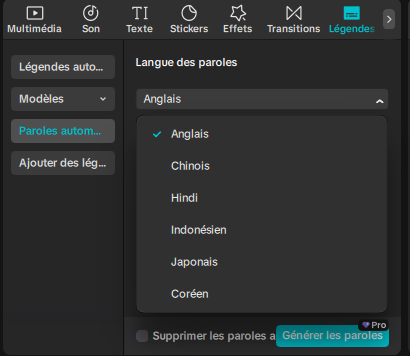 Menu Paroles automatiques de CapCut, liste de langues sans le français