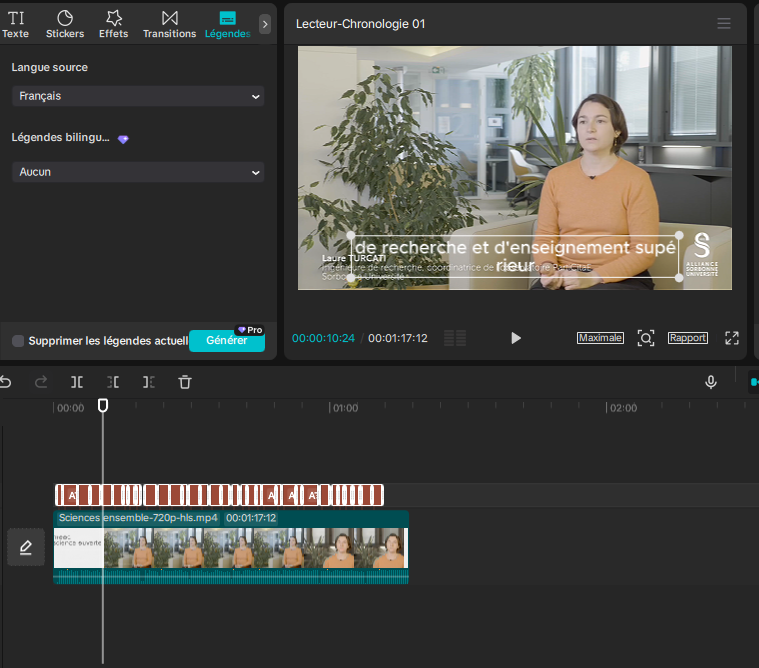 Aperçu CapCut où le sous-titre chevauche le bandeau nominatif de la vidéo source