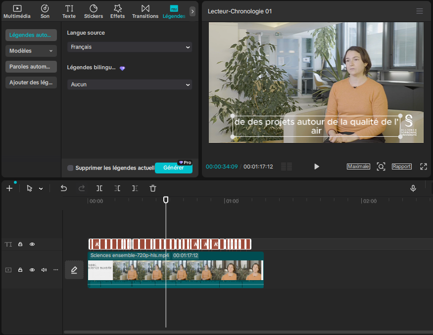 Sous-titre CapCut affichant de des projets autour de la qualité de l'air