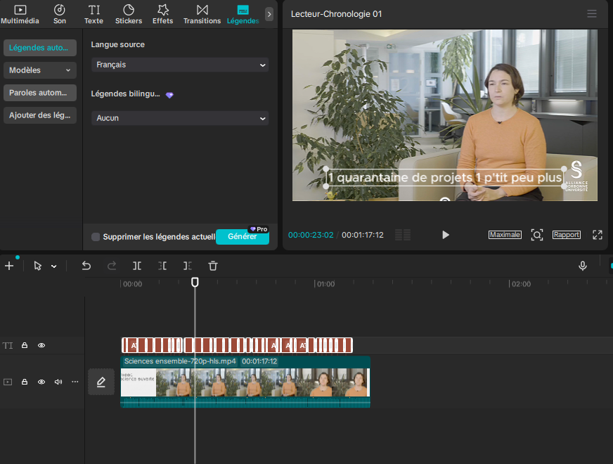 Sous-titre CapCut affichant 1 quarantaine de projets 1 p'tit peu plus