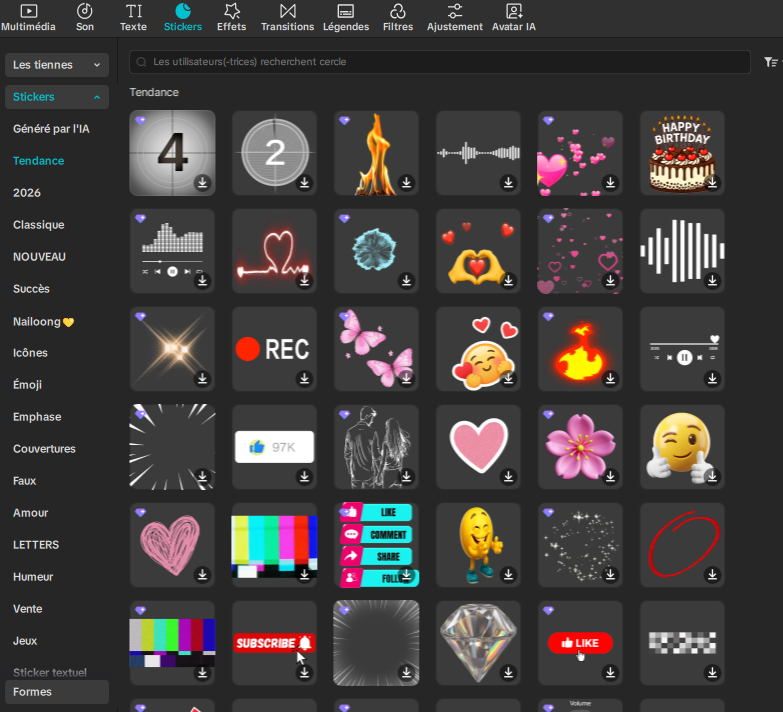 Bibliothèque de stickers animés de CapCut
