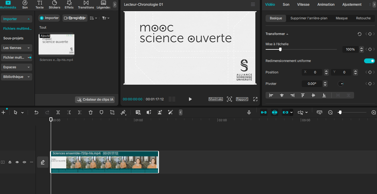 Vidéo importée dans CapCut, visible dans le chutier et posée dans la timeline